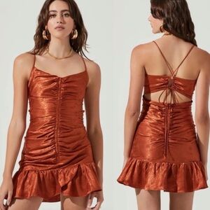 ASTR Cinched Open Back Satin Rust Floral Rose Animal Riffle Dress